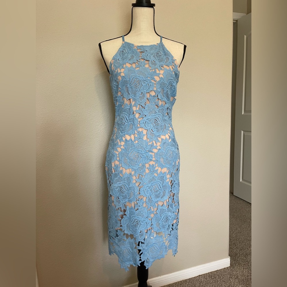 Blue lace dress with nude underlay - Size L